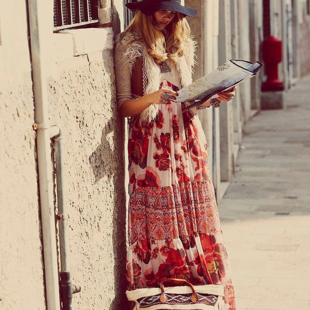 Free People Rose Floral Print Boho Cottagecore Maxi Sweater Dress Gown Rare